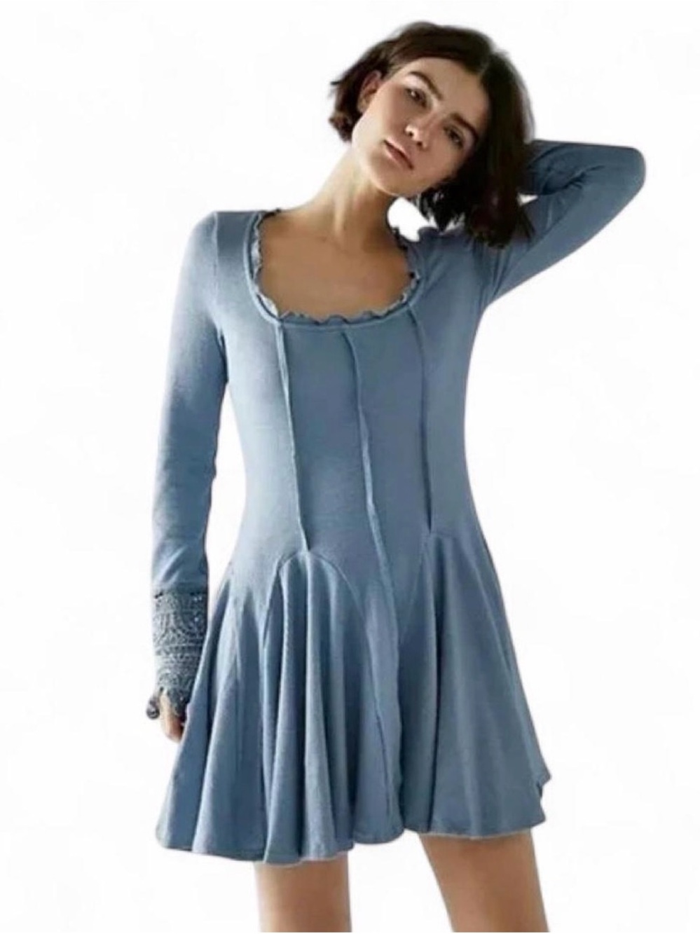 Free People Little Love Thermal Ribbed Powder Blue Long-Sleeve Mini Dress M